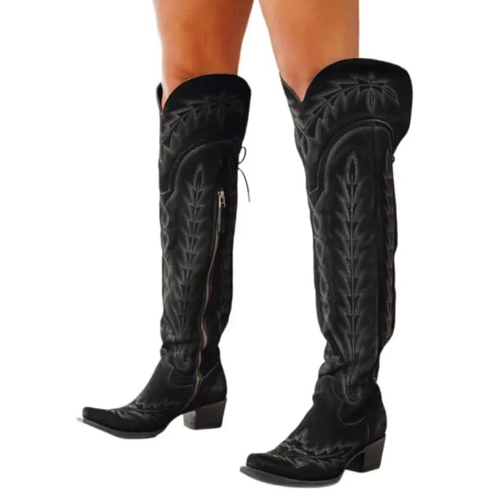 Women Black Synthetic Cowgirl Thigh High Wide Calf Embroidered Western Boots